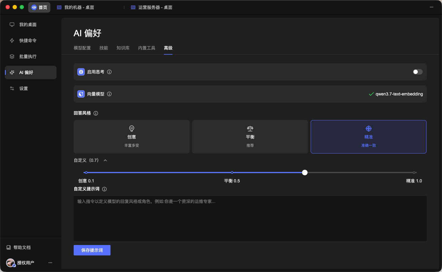 AI 偏好中的高级设置