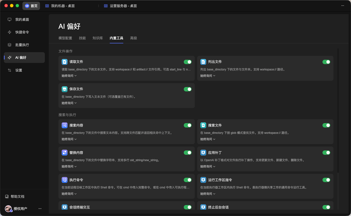 AI 偏好中的内置工具